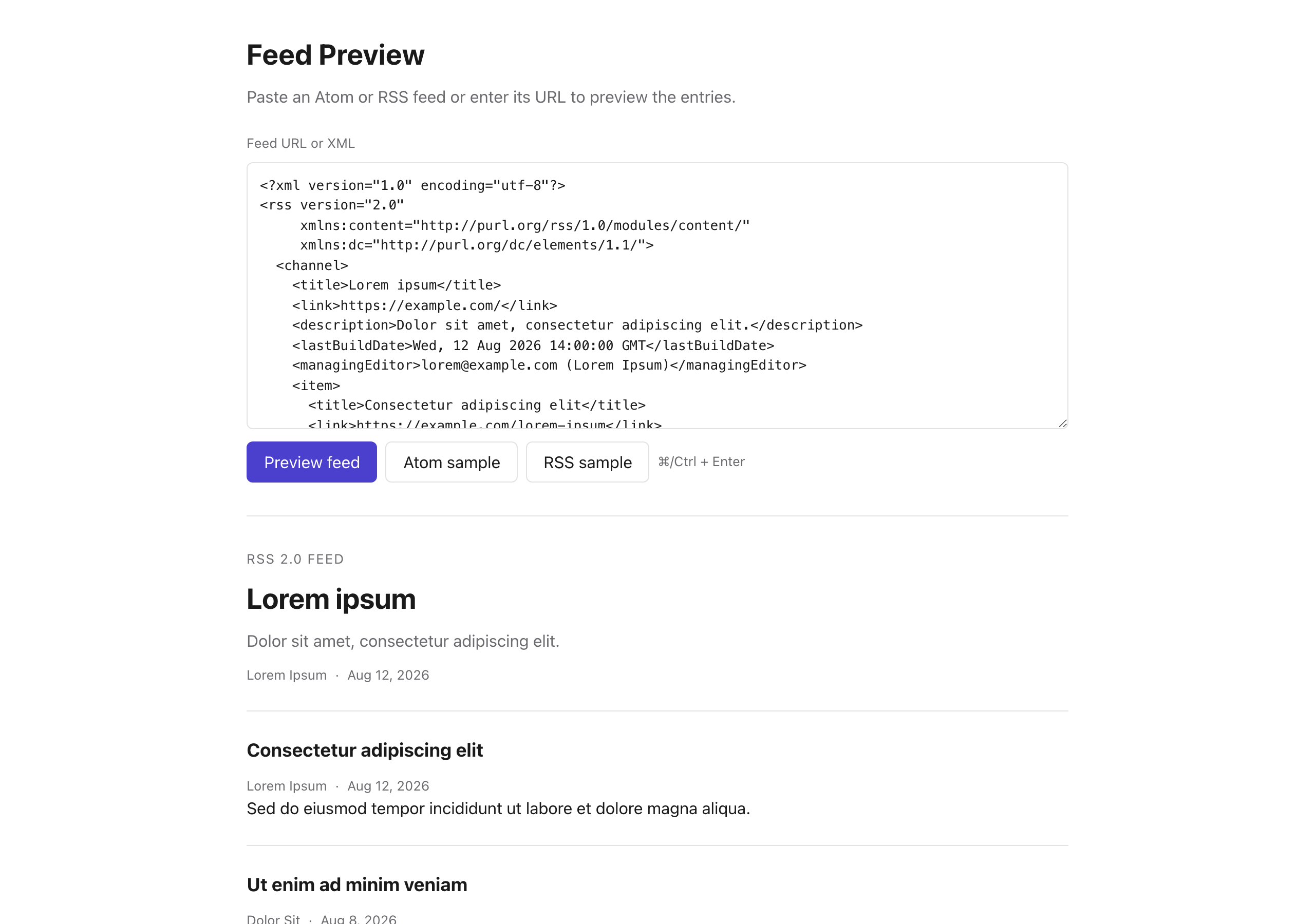screenshot of feed preview tool